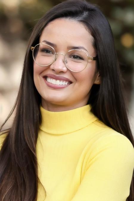 Photo of beautiful jul13tt3 woman, detailed face smiling, (blurred background)+, light yellow turtleneck blouse, glasses