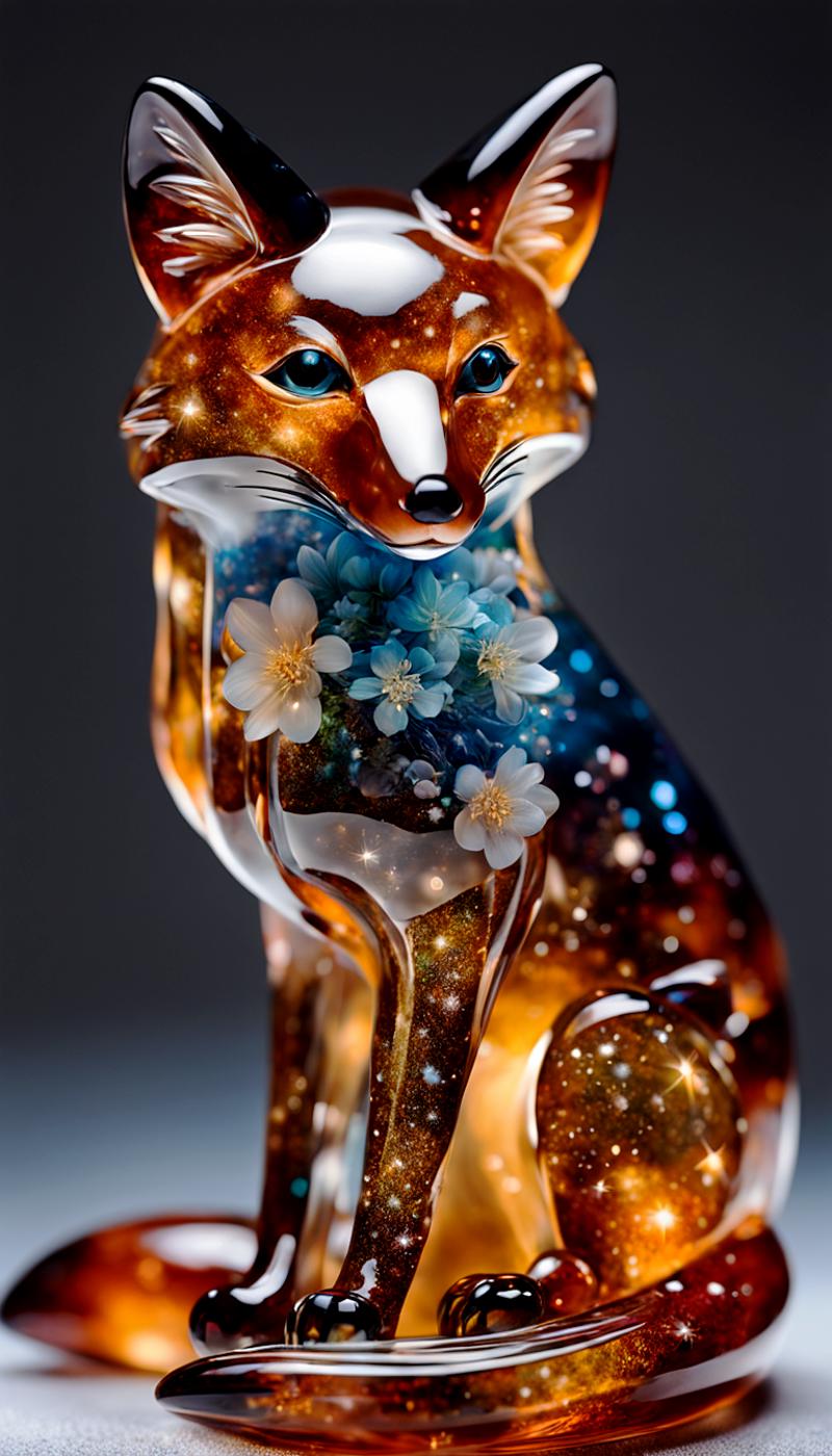 A fox figurine with a blue flower in its mouth, surrounded by stars and flowers.