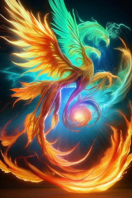 a majestic mechanical phoenix, its body composed of interlocking golden gears, fluid flames dancing along its titanium feathers, cubist-styled abstract shapes forming its radiant wings, a sky ablaze with swirling Picasso-inspired brushstrokes, fragmented neon light reflections bouncing off its sleek metal surface, fiery embers swirling around, dynamic composition, cinematic lighting, ultra-detailed