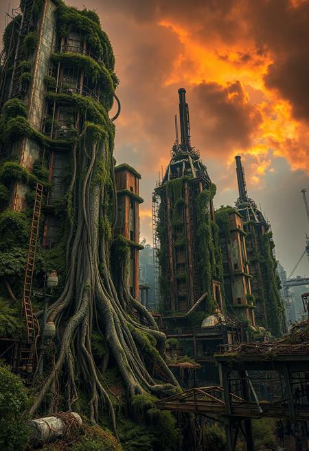 Masterpiece, 32K resolution, ultra-detailed, cinematic realism, HDR lighting, a forgotten mechanical city overtaken by massive roots and twisted vines, organic forms reclaiming rusted skyscrapers, nature fusing with machine, moss-draped steel, surreal textures, overgrown elegance, dark orange sky with heavy and dense clouds