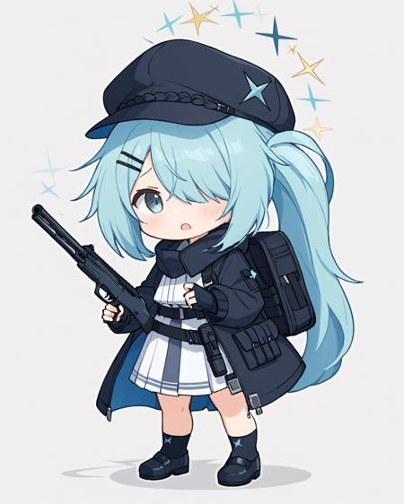 hiyori \(blue archive\),1girl, solo, white_skirt, cabbie_hat, hair_over_one_eye, full_body, black_headwear, sweat, chibi, holding_gun, sniper_rifle, halo, hairclip, standing, white_background, shoes, black_socks, backpack, pleated_skirt, black_gloves, two-tone_background, looking_away, fingerless_gloves, smoke, wavy_mouth, open_mouth, bolt_action, round_image, side_ponytail, black_jacket, sparkle, puffy_long_sleeves, shotgun
<lora:hiyori_(blue_archive)_image355_2023-11-27-000025:1>halo. gorgeous,key visual, vibrant, studio anime,award-winning, professional, highly detailed,high budget, cinemascope