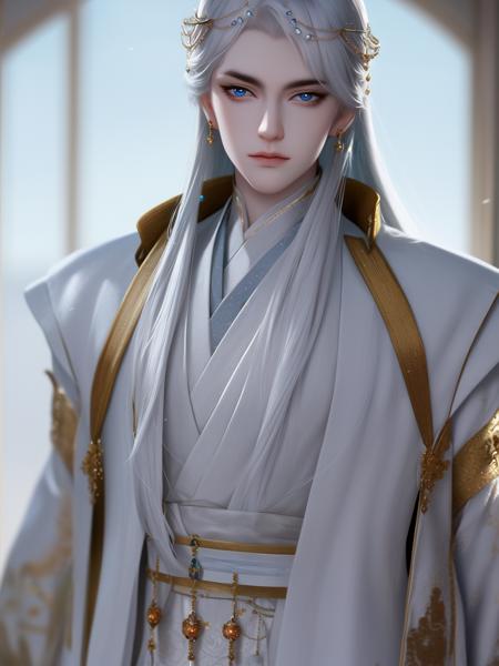 Best quality, masterpiece, highly detailed wallpaper, long hair, blue eyes, holding, blurry, long sleeves, blurry background, solo, 1boy, jewelry, white hair, chinese clothes, male focus, looking at viewer, crown, robe, hair ornament, closed mouth