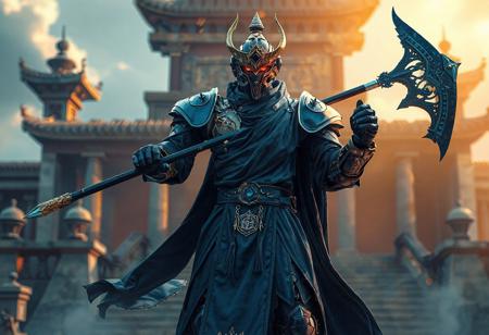 A leaked, detailed image of the Master of the Flaming Dragonswords robot, donning regal dark blue clothes, is set against a Temple of the Kings backdrop. The centered full-body shot showcases the robot's halberd and dreamwave style in 4K resolution. The image exhibits true proportions, tilt blur, and vivid emotions with captivating lighting. The artwork is highly detailed, with splash ink illustrations using Unreal Engine 5, aiming for a trending position on Artstation and CGSociety. The image also showcases stunning and harmonious colors, with a focus on blue delphinium and blue bird themes. The artwork is a dynamic action pose, intentional focus, and well-timed moment, aiming for a golden ratio composition.