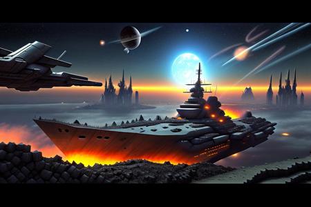 a space pirate battleship among the ruins of an advanced, futuristic city