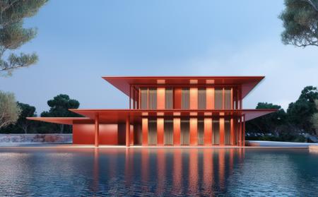 ((masterpiece, best quality)), 8k, modern architecture style, photo realistic, david chipperfield, hyper detailed photo, single box, a digital 3d render of a building, Red building, leansflare, Water body, Night time