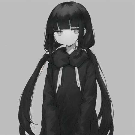 os, 1girl, blunt_bangs, black_hair, black_eyes, very_long_hair, low_twintails, looking_at_viewer, greyscale, monochrome