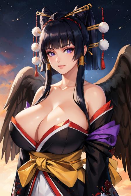 nyotengu hair ornament, hair tubes, black kimono, cleavage, bare shoulders, sash, detached sleeves, black wings long hair