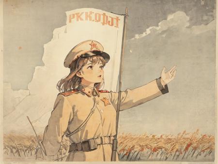 CCCPposter, soviet poster, poster , sovilet, flag, field, sky, uniform, 1girl, solo, calling, upper_body,  <lora:CCCPposter_v2.0_locon_noiseoffset_AdamW8bits:0.75>