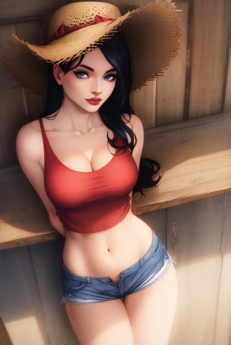 <lora:diabolumberto:0.8>, diabolumberto, masterpiece, best quality,  1girl, breasts, solo, hat, large breasts, straw hat, black hair, cleavage, blue eyes, long hair, navel, shorts, looking at viewer, shirt, denim shorts, collarbone, denim, short shorts, bare shoulders, midriff, stomach, blue shorts, arms behind back, closed mouth, sleeveless, from above, red shirt, crop top, thighs, lips