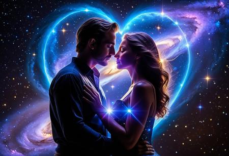 Full Prompt (F):
Two ethereal beings made of stardust and light intertwine in a loving embrace, standing at the edge of a glowing asteroid cliff. Their forms shimmer with cosmic energy — veins of galaxy light pulse through their translucent skin, and their eyes reflect whole constellations. A flowing nebula wraps around them like a cosmic veil. Between them glows a radiant heart-shaped portal made of swirling blue and violet light. The starry void around them sparkles with magic. Everything feels timeless — surreal, emotional, hyperrealistic, and cinematic. The universe watches in silence as love blooms.
💡 Lighting (L):
Backlit by a giant blue supernova, soft lens flare around their silhouettes, their skin radiates iridescent cosmic light, gentle pulsating glow from their shared heart. Subsurface scattering in skin-like light effects, aurora reflections in their embrace, and radiant bokeh from stardust.
🧍 Posing/Composition (P):
Centered close-up of their upper bodies, faces gently leaning together — a pose of intimacy and cosmic balance. Background sweeps away into galactic depth. The couple slightly silhouetted against the glowing portal between them. Balanced celestial symmetry.
c0nst3llation