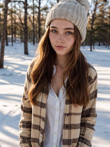 Photo of a stunning country 22 year old woman, freckles, beauty spots, slightly curvy, flannel shirt open, winter hat, hard shadows, soft light, summer