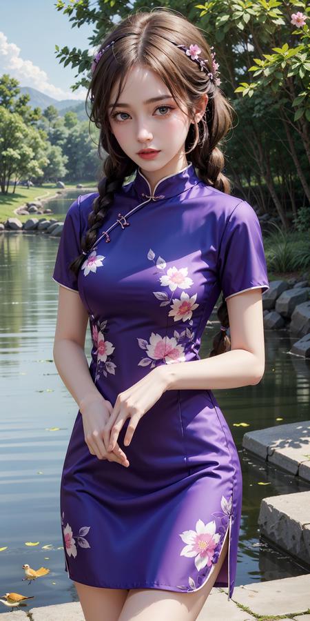 <lora:ChinaDressStyle1_Remake:0.8>, 1girl, (purple short china dress, thighs),short sleeves, (floral print, birds print), looking at viewer, long hair, (twin braids), upper body, standing, (cowboy shot),(masterpiece, high quality, best quality), (colorful),(delicate eyes and face), volumatic light, ray tracing, extremely detailed CG unity 8k wallpaper,solo, ((flying petal)), outdoors, lake, flowers, green plants,sunlight