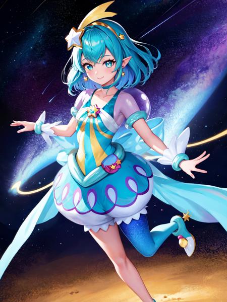 cure milky symbol shaped pupils, see-through short sleeves, hair ornament, single leg pantyhose, star, pointy ears, earrings, wrist cuffs, porch