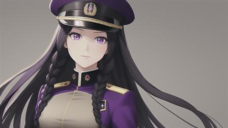 masterpiece, best quality, 1girl, long hair, braids, (masterpiece), (super delicate), (illustration), black hair, purple eyes, military uniform, ((battlefield)), military hat