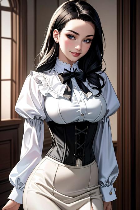 ((Masterpiece, best quality)),edgQuality,smirk,smug, looking at viewer
edgCT, a woman in a blouse, and a skirt,wearing edgCT,chic top,(corset)
<lora:edgChicTops1:0.85>