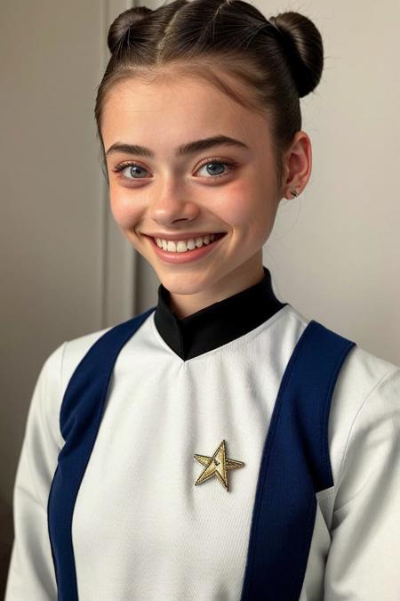 upper body <lora:sd15_OliviaChristie_v1:.9> OliviaChristie, focus on smiling face, wearing a star trek uniform , her hair is styled as half-up braided bun,