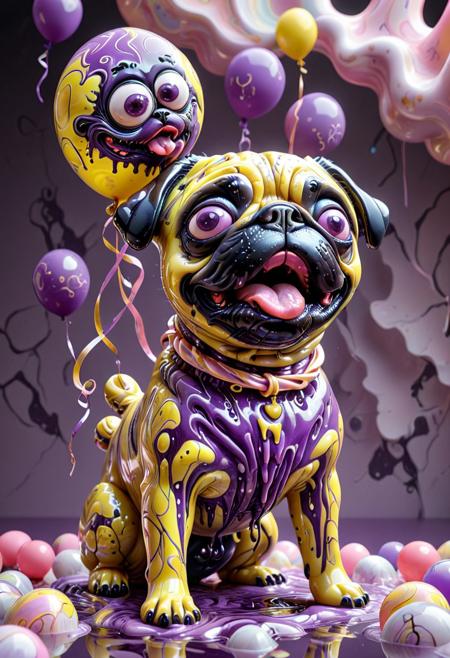 SDXLposXL, cartoonish animal with features of a pug, sculpted from shiny purple and yellow liquid marble, googly marble eyes, tongue flopping like a melted ribbon, tail dripping into balloons, absurd toy-like creature in a pastel world, toony surreal hybrid style.