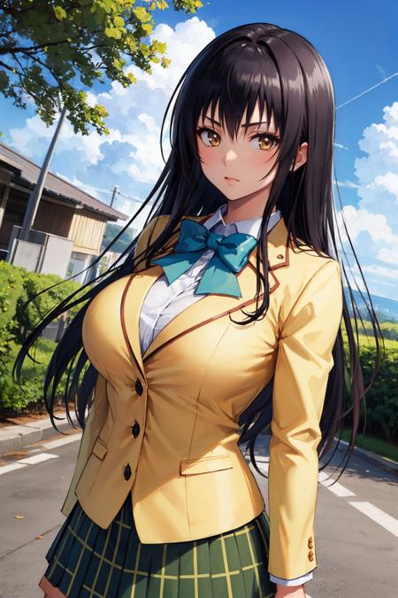 masterpiece, best quality, <lora:kotegawayui-nvwls-v1-000009:0.9> defYui, yellow blazer, long sleeves, green bowtie, plaid miniskirt, large breasts, furrowed brow, looking at viewer, upper body, blue sky, clouds, tree