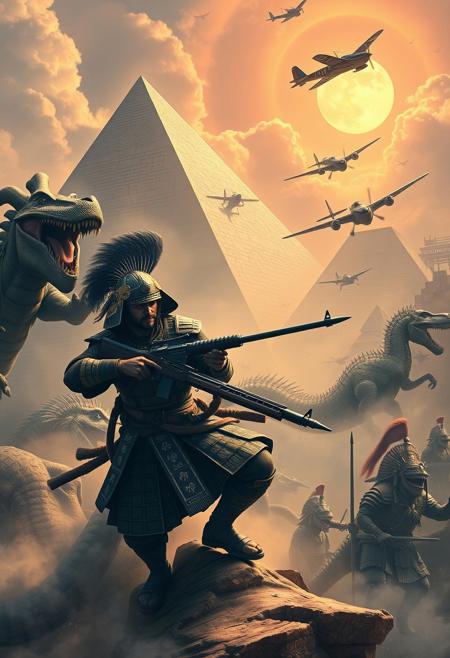 A Samurai with a machine gun fighting with dinosaurs in the pyramids of egypt fliging in a chinese dragon with english wwii airplanes and aztec warriors