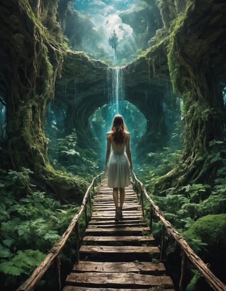 Generate a vivid photorealistic description of a lost girl navigating a mind-bending fantasy world where nothing is as it appears. In this realm, the ordinary laws of physics are distorted, turning up into down, left into right, and every facet of reality into a surreal and perplexing experience. The description should immerse the reader in this hyperdetailed world, allowing them to explore its intricate landscapes and discover the hidden mysteries within. Additionally, emphasize the girl's detailed skin, portraying it in such a way that even the pores and fine nuances are visible. This vivid depiction should convey the sense of wonder, bewilderment, and surreal beauty that permeates this fantastical journey through an otherworldly dimension