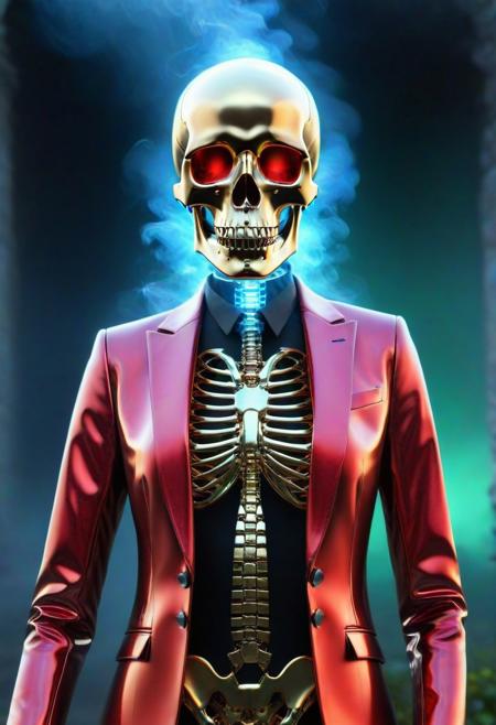 A highly detailed CGI image of a Whistler's Mother, female skull entirely made of h4v_h0l0, featuring gold accents on the eye sockets and nose. The skull wears a vivid red h4v_h0l0 suit jacket with a glossy finish, and a tie also constructed from h4v_h0l0. The design blends surreal and artistic elements, combining skeletal and human traits with precision. The skull’s lips are closed, forming a calm, neutral expression. The background is a soft, sparkly gradient of blue and green hues, giving the image a luminous, dreamlike feel. The skull has a smooth, polished surface, and the lighting is carefully arranged to highlight both the intricate keyboard structure and the reflective jacket. The composition is well-balanced and focused on the upper torso and skull, emphasizing artistic foreshortening and chromatic detail, in the style of contemporary light-based art installations, smoke h4v_h0l0 cemetery background., Whistler's Mother, female skull made of h4v_h0l0 with gold eye sockets and nose, red h4v_h0l0 glossy suit jacket, h4v_h0l0 tie, soft sparkly pink h4v_h0l0 gradient background, polished textures, surreal and artistic CGI, neutral expression, foreshortening art, smoke h4v_h0l0 cemetery background