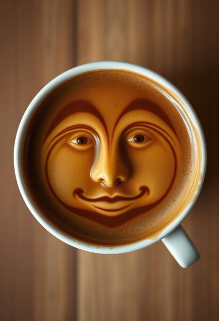 Create a hyper-realistic, hyper-detailed top-down view of a cup of coffee in the shape of a face. The coffee is a rich, dark brown, with a subtle sheen that seems to reflect the light. The face is intricately detailed, with a delicate nose, mouth, and eyes that seem to stare up at the viewer. The crema is smooth and velvety, with a subtle texture that seems to invite the viewer to touch. Style: hyper-realistic, detailed, photorealistic. Colors: dark brown, cream, beige. Highest-Quality, 4k, Masterpiece