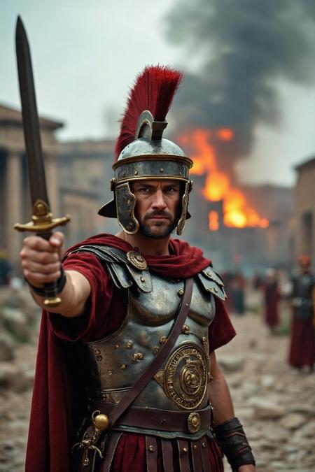photograph of a man dressed like a roman soldier pointing a sword at the viewer, ancient rome is burning in the background