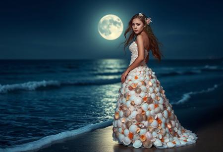 A young woman standing at the edge of a moonlit beach, wearing a gown made of intricate seashells and pearlescent scales. Her hair is adorned with glowing coral and seaweed, softly swaying with the breeze. The waves gently lap at her feet, and the distant horizon glows with pale light.