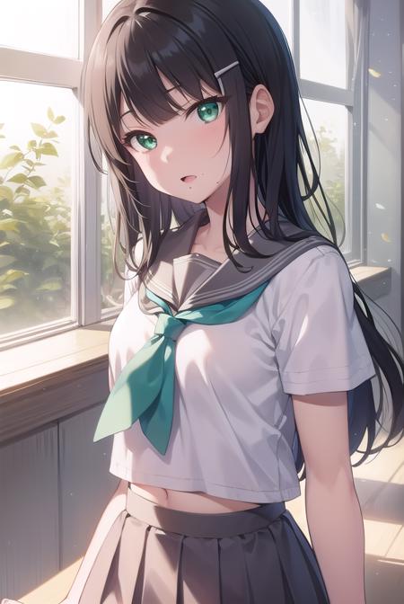 diakurosawa, <lora:diakurosawa:1>, dia kurosawa, black hair, (green eyes:1.5), blunt bangs, grey skirt, hair ornament, hairclip, mole, mole under mouth, (small breast:1.2),
BREAK grey skirt, midriff peek, pleated skirt, school uniform, serafuku, short sleeves, skirt, uranohoshi school uniform,
BREAK looking at viewer,
BREAK indoors, classroom,
BREAK <lyco:GoodHands-beta2:1>, (masterpiece:1.2), best quality, high resolution, unity 8k wallpaper, (illustration:0.8), (beautiful detailed eyes:1.6), extremely detailed face, perfect lighting, extremely detailed CG, (perfect hands, perfect anatomy),