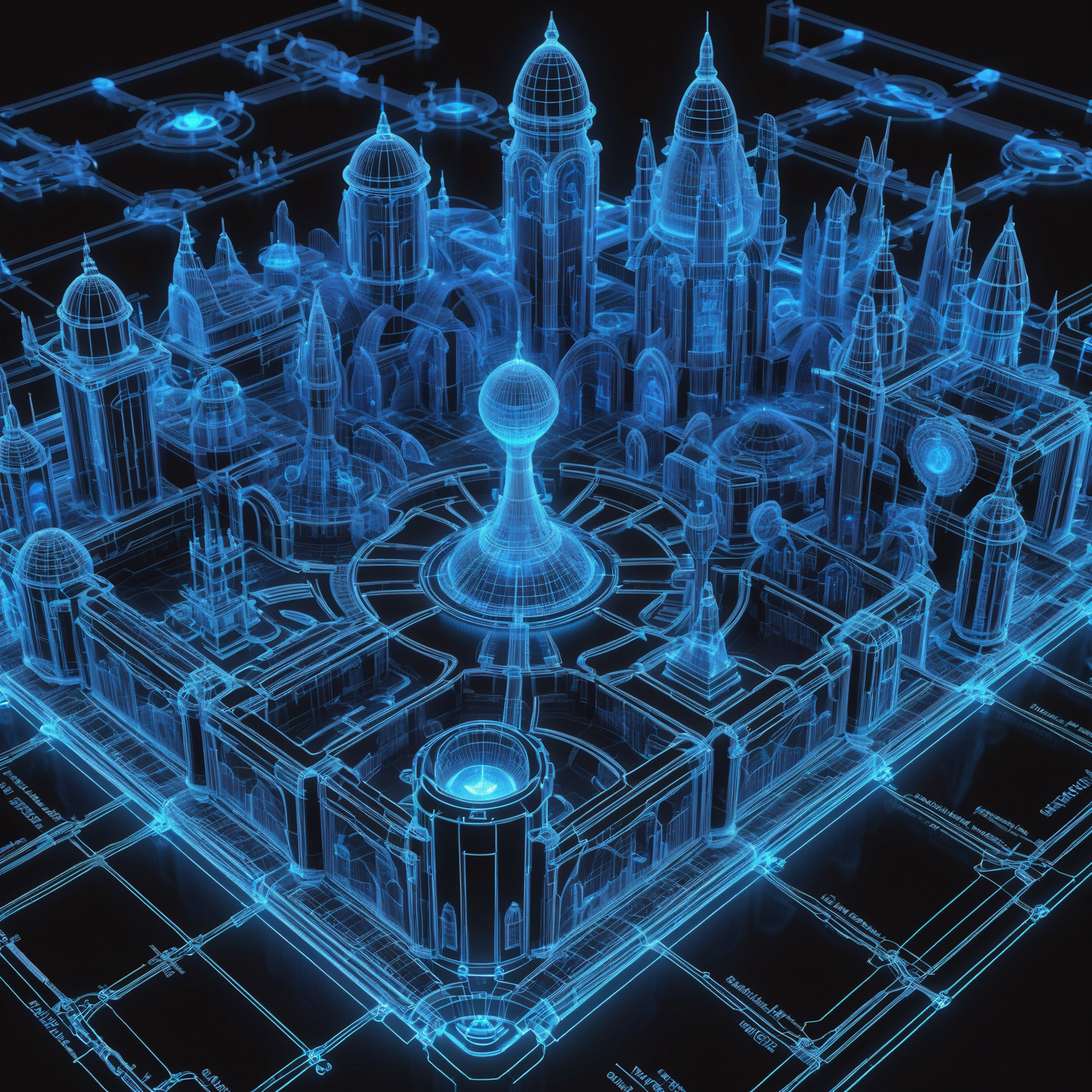 glowing blue on black 3d wireframe, diagram, fantasy, epic fantasy metropolis outside of time<lora:EnvyBetterHiresFixXL01:...