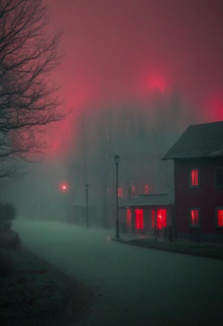 red theme, rural town, gray-green fog, black buildings, luminescence, bokeh, minimalist