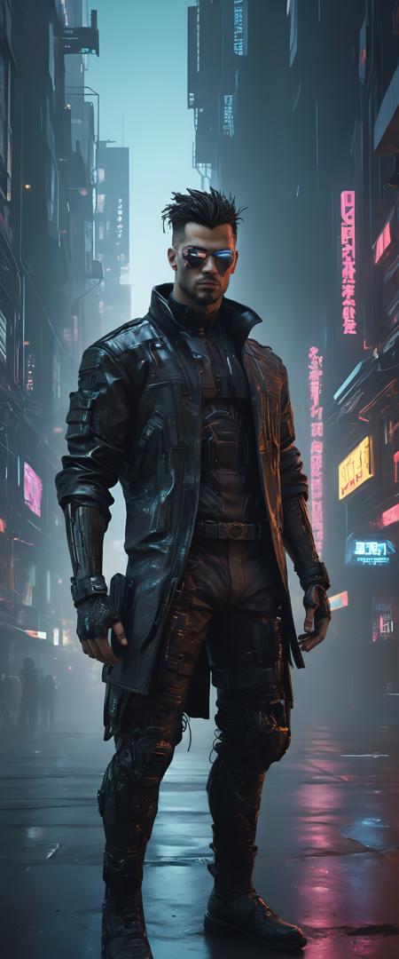 (cyberpunk style), 1man, full body shot, cyberpunk clothing, male focus, cyberpunk, cyberpunk background, (extremely detailed cyberpunk background), extremely detailed background, extremely detailed face, cyberpunk body modification, cyberpunk 2077 body modification, ((neon city background)), cyberpunk suit, robot, science fiction, solo, full body, wires and cables, sharp focus, natural lighting, cyberpunk reimagined, neon lights, action pose, colorful, bright colors, science fiction, a dystopian cyberpunk city, neon, cyberpunk 2077, (cyberpunk 2077 cityscape), art by Masamune Shirow,masterpiece, best quality, official art, extremely detailed CG unity 8k wallpaper, detailed background, best quality, expressive eyes, perfect face, perfect eyes, perfect anatomy, extremely detailed eyes and face, looking at viewer, detailed background, detailed clothes, cinematic lighting, beautiful 8k, masterpiece, best quality, high quality, hdr, photography by cosmicwonder, high definition, symmetrical face, volumetric lighting, 24mm, 4k, DSLR, high quality, ultra realistic,