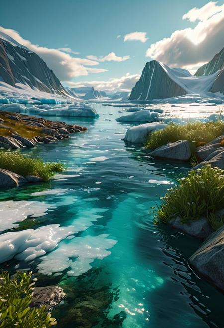 (ultra high res:1.4), (masterpiece), (beautiful lighting:1.4) , greenland greenery,  greenland river, icy water water, icy forest, Greenlandic homes and cabins,  sunlight illuminates the icy water, (deep underwater), anime, above water, (clear underwater), beautiful sky with clouds,  depth