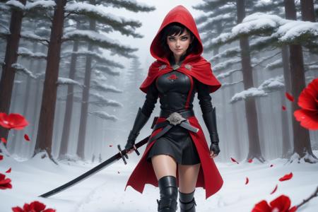 pine forest clearing, snow, (ruby rose (RWBY)), (full-body shot, wide angle, from above), wet and shiny skin, (16 year old girl with large red katana in the snow), rose petals, roses, european, little girl, (huge breasts:0.7), (black armored dress and red cloak with hood up, red details, black thigh highs, black boots with red details), (intricate details:1.2), short black hair, black belt with silver emblem, muscles:0.3,, smile, teeth, silver eyes, large head, beautiful eyes, large eyes, cute face, symmetric features, (detailed hands, detailed fingers), (masterpiece:1.2), (epic composition:1.4), (talent:1.2), ultra detailed, cinematic lighting, highly detailed, insanely detailed, (photorealistic:1.2), hdr, 8k, exquisite, sharp, elegant, ambient lighting, fantasy vivid colors, high quality,