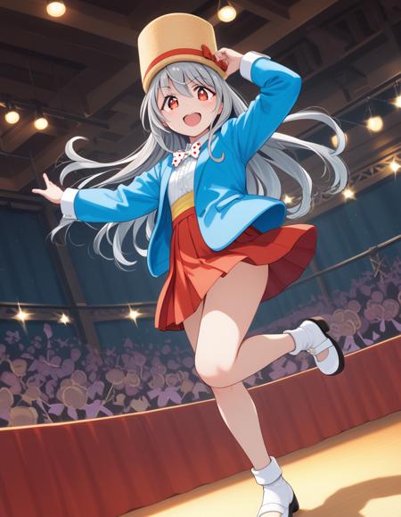 umami-chan, long hair, grey hair, red eyes, hat,   white bowtie, polka dot, blue jacket, jacket, mary janes, long sleeves, red skirt, pleated skirt, black kneehighs, white footwear, uwabaki