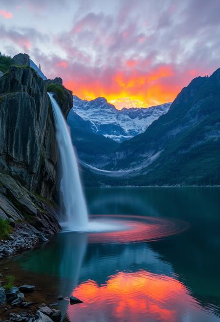 A breathtaking waterfall cascading from a rugged cliff into a serene lake, surrounded by majestic mountains, vibrant sunset colors reflecting in the water, ethereal atmosphere, high detail, soft lighting