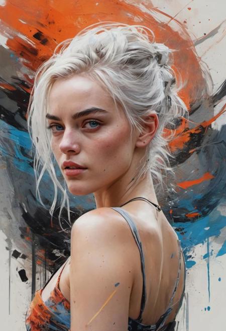 Margot Robbie, abstract beauty with white hair and blue grey eyes, looking at the camera, approaching perfection, dynamic, back view, red black and orange colors, busty, highly detailed, digital painting, artstation, concept art, sharp focus, illustration, art by Carne Griffiths and Wadim Kashin