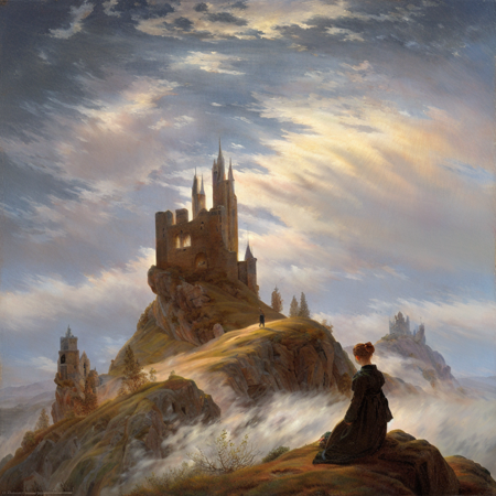 1girl,  cdfpainting, castle in the clouds, castle in the sky, cloudy sky, scenery, landscape, (fog)