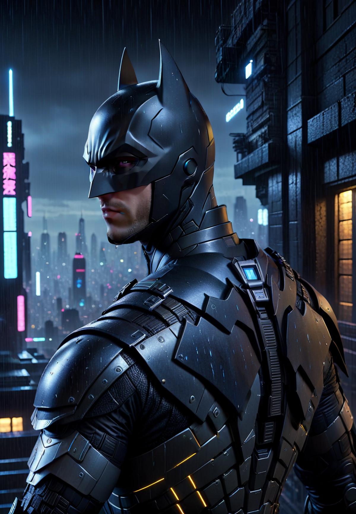 A Batman in a futuristic city.