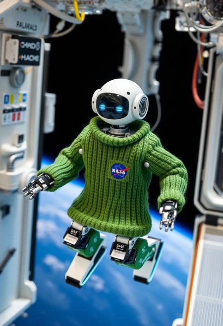 NASA robot moves around the ISS. The robot is dressed in green knitted clothes