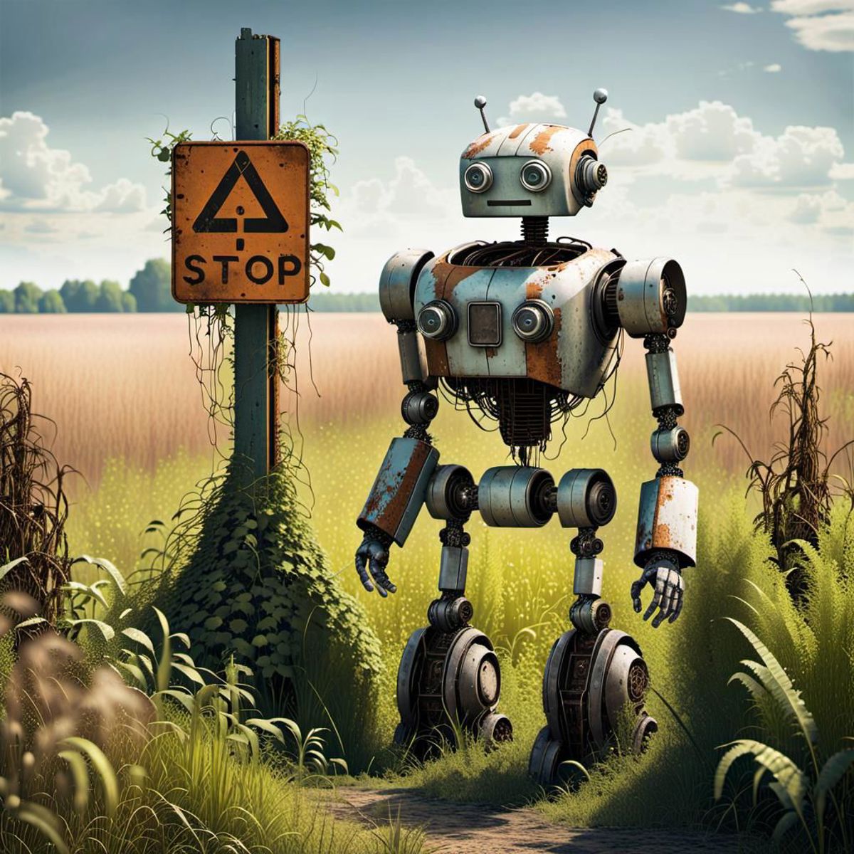 A Stop Sign in the Grass with a Robot Standing Next to It