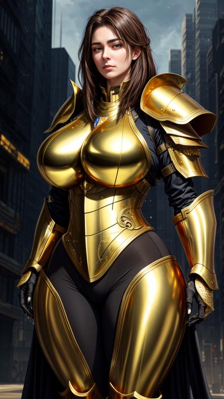 from front, a beautiful young woman, medium hair, dark brown hair, black eyes, heterochromia, wearing a gold ceremonial armor,  (gold metalic armor:1.5), calm expression, monarch, with a kind look, regal, ethereal, wise, sci-fi, science fiction, futuristic city background, ultra detailed, UHD, 8K, curvy, thick, huge breasts, gigantic breasts, sagging breasts, thick thighs, wide hips,  <lora:PulenKompot-Voluptuous-v1.2:0.3> voluptuous <lora:add_detail:1>