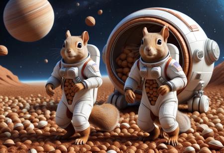 two squirrels in space suits walk outside their spaceship after landing on a planet make completely from various type of nutstylesnut