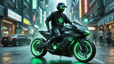 masterpiece, best quality,hyperrealistic,masterpiece,motion sensation,green lighting,volumetric light,dynamic,420futurism,
a futuristic robot driving a racing motorcycle in the streets of a cyberpunk city, slim black robot, oversized t-shirt, oversized baggy pant, baseball cap, small eyes, bling bling necklace, green eyes, high speed, race, tilted, during the night, rainy
 <lora:420Futurism:0.7>