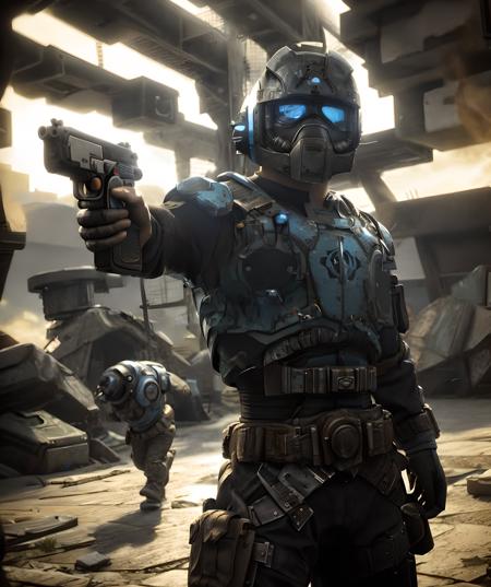 anthony_carmine, machinery, lab, holding a gun, pistol <lora:Anthony_Carmine:0.8>