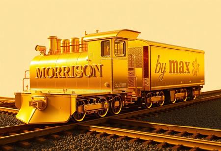 “A train made entirely of gold, with a warm, radiant glow and a smooth, lustrous finish, travels along a railway. The lead car of the train bears the inscription ‘MORRISON’ in bold, stylized letters, seamlessly integrated into its gleaming surface. Following closely behind is another car with the inscription ‘by Max,’ also crafted from gold and shimmering in the light. The surreal train, captured in stunning detail through Panavision Prime Aspherical cinema lenses, moves along the tracks with an opulent display of golden brilliance, as if the precious metal itself has taken the form of a locomotive.”