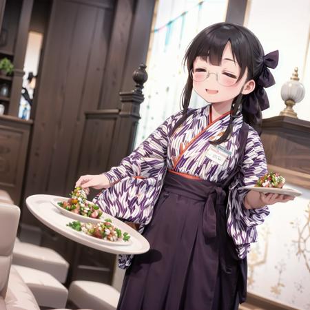 best quality, ultra-detailed, illustration,
BMC, 1girl, black hair, long hair, glasses, ponytail, hair ribbon, smile, happy, closed eyes, standing, 
waitress, japanese clothes, (yagasuri:1.2), hakama skirt, purple hakama, kimono, tasuki, cross-laced footwear, lace-up boots, 
menu, holding, food, plate, indoors, table, 
 <lora:Basyamichi_uniform_SD15_V7:1>