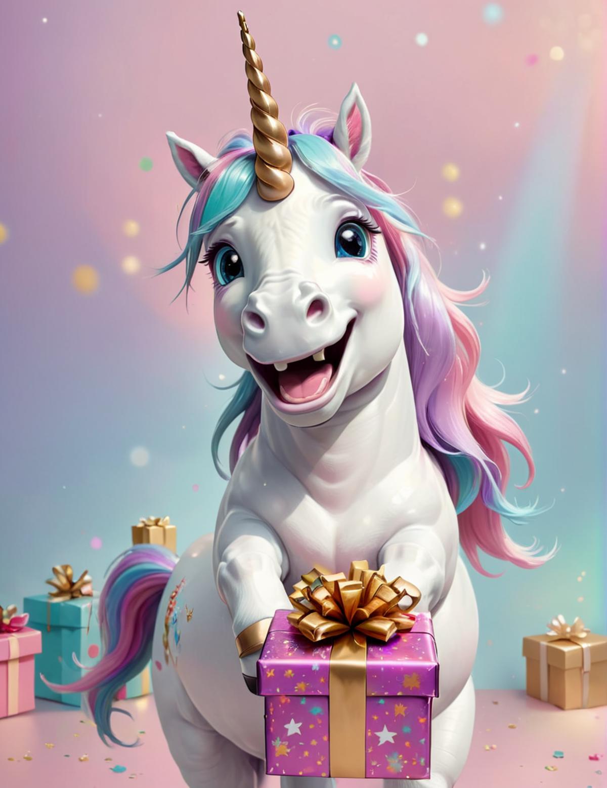 A digital illustration of a white and pink unicorn holding a gift.