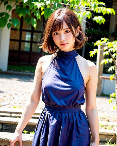 best quality, 1girl, (skindentation), (huge breast:1.2), (blur background:0.6), (street:1.2), (people, crowds:1), garden, day, outdoor, (casual yet stylish, elegant cloth, high neck dress:1.5), gorgeous, (bangs, short hair:1.5), (floating hair:1.2), (dynamic pose:1.2), soft lighting, wind, (front light:1.5),  makeup,  <lora:JAV_moe_a_v1.1:0.5>