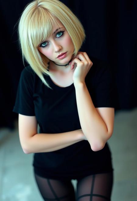 woman, blonde bobcut hair, parted half hair, green and blue eyes, eyeliner, gothic, wearing black t-shirt and black hotpants, black pantyhose